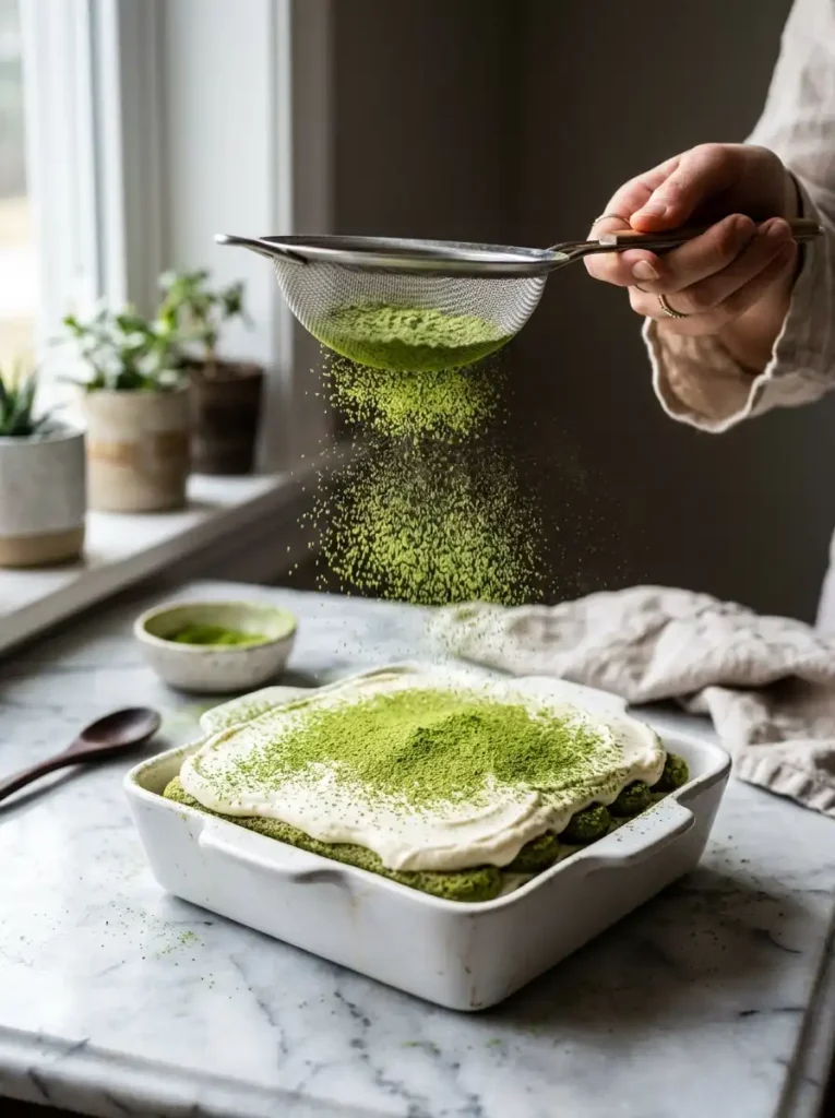 sifting matcha powder on top of finished matcha tiramisu dessert before serving