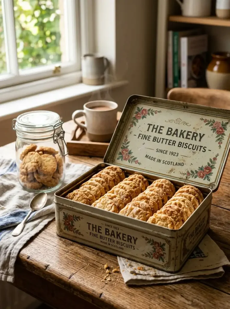 Storing crisp home-baked treats inside a traditional metal biscuit tin box.