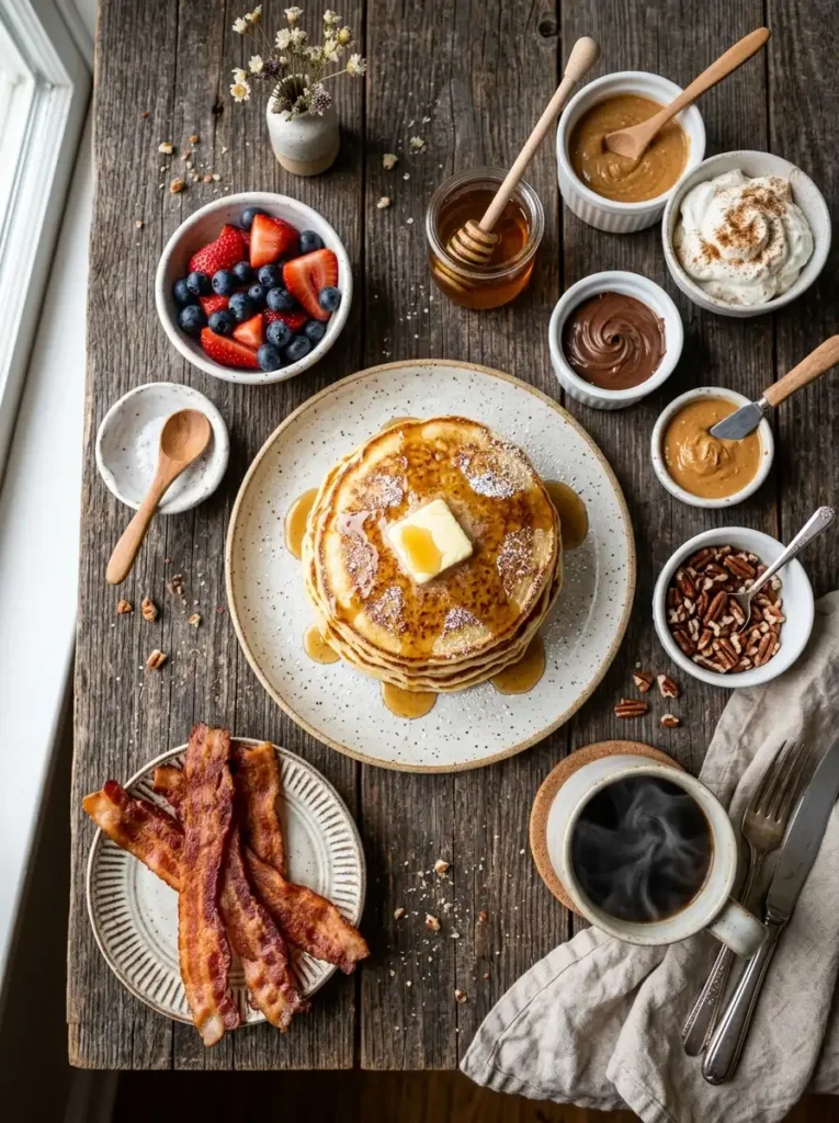 Sourdough discard pancakes breakfast spread with maple syrup, fresh berries, whipped cream, bacon and coffee