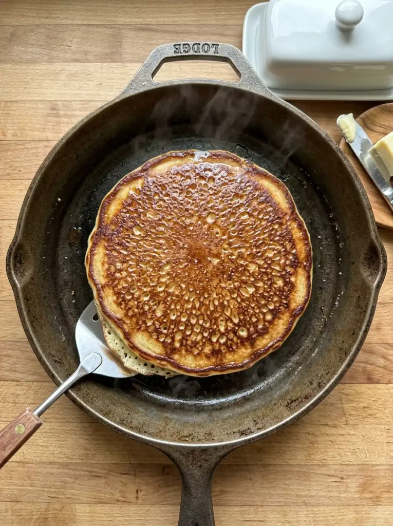 Golden brown flipped sourdough discard pancake in a cast iron skillet showing crispy edges and fluffy texture