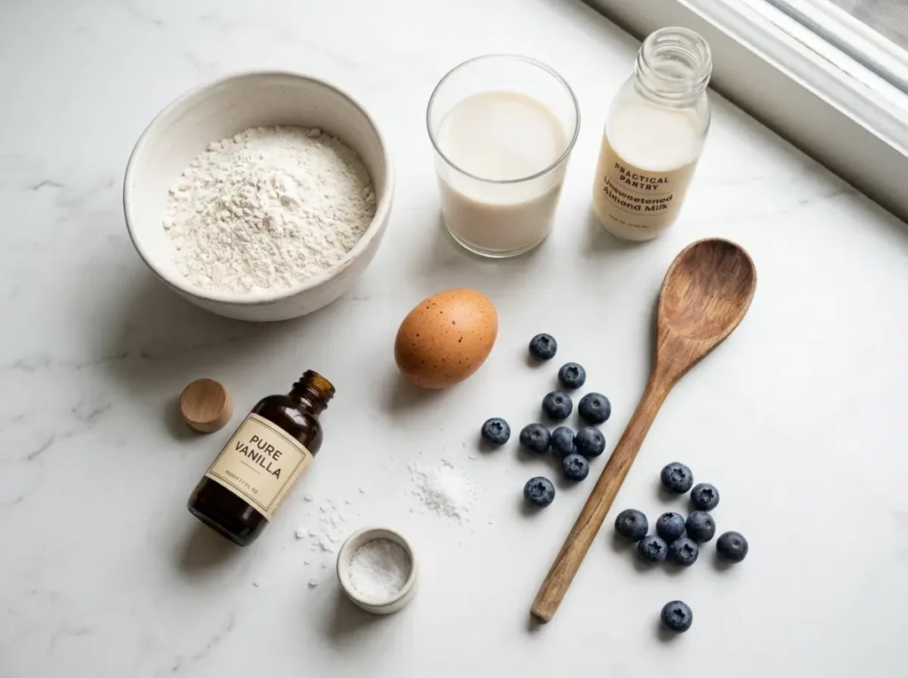 Ingredients for gluten free dairy free pancakes including GF flour, plant milk, and vanilla.