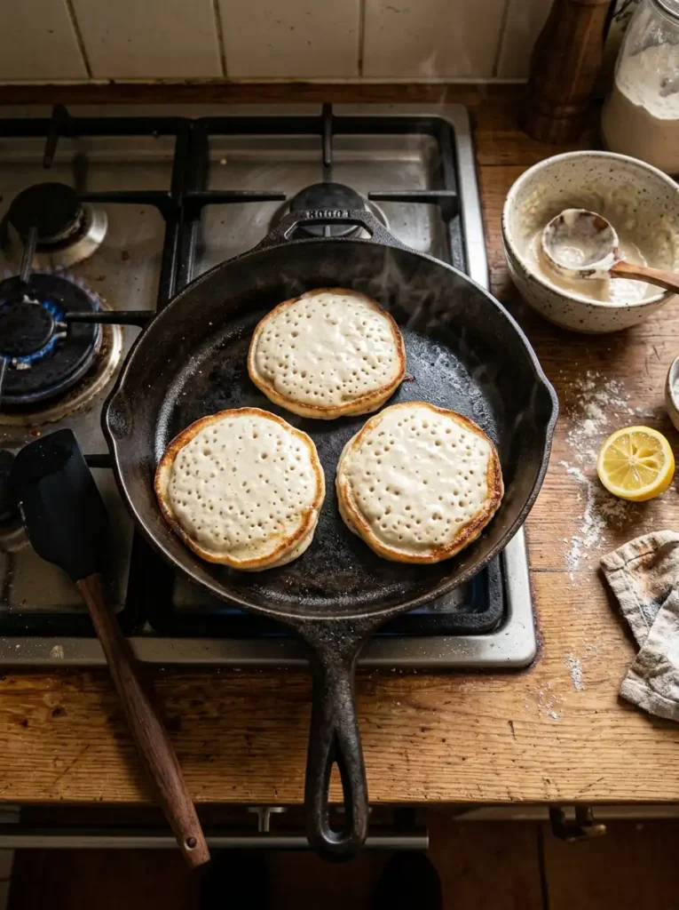 Three sourdough discard pancakes cooking in a cast iron skillet with bubbles forming on top ready to flip