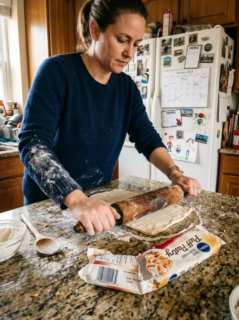 real person rolling store bought puff pastry sheet flour on sweater sleeve torn packaging home kitchen action shot
