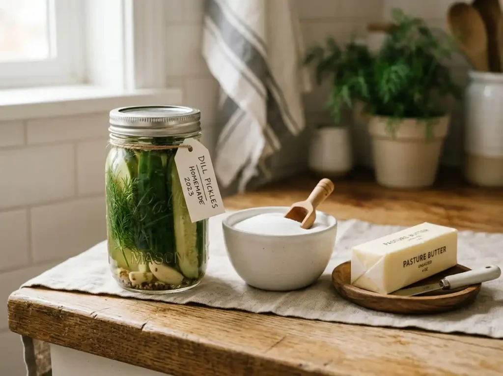 Ingredients for dill pickle cookies including fresh pickles, butter, and sugar.