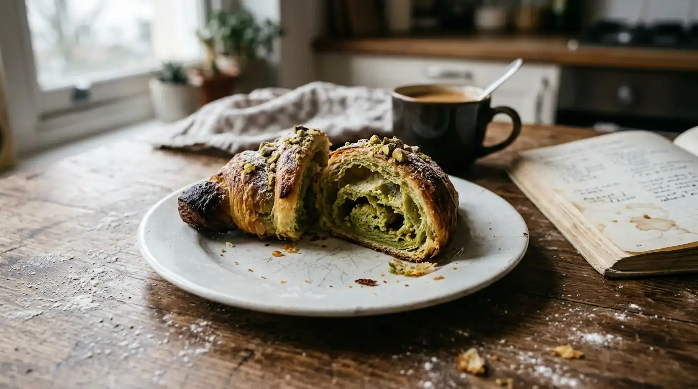 homemade pistachio croissant sliced on scratched white plate showing green swirl inside real kitchen natural light