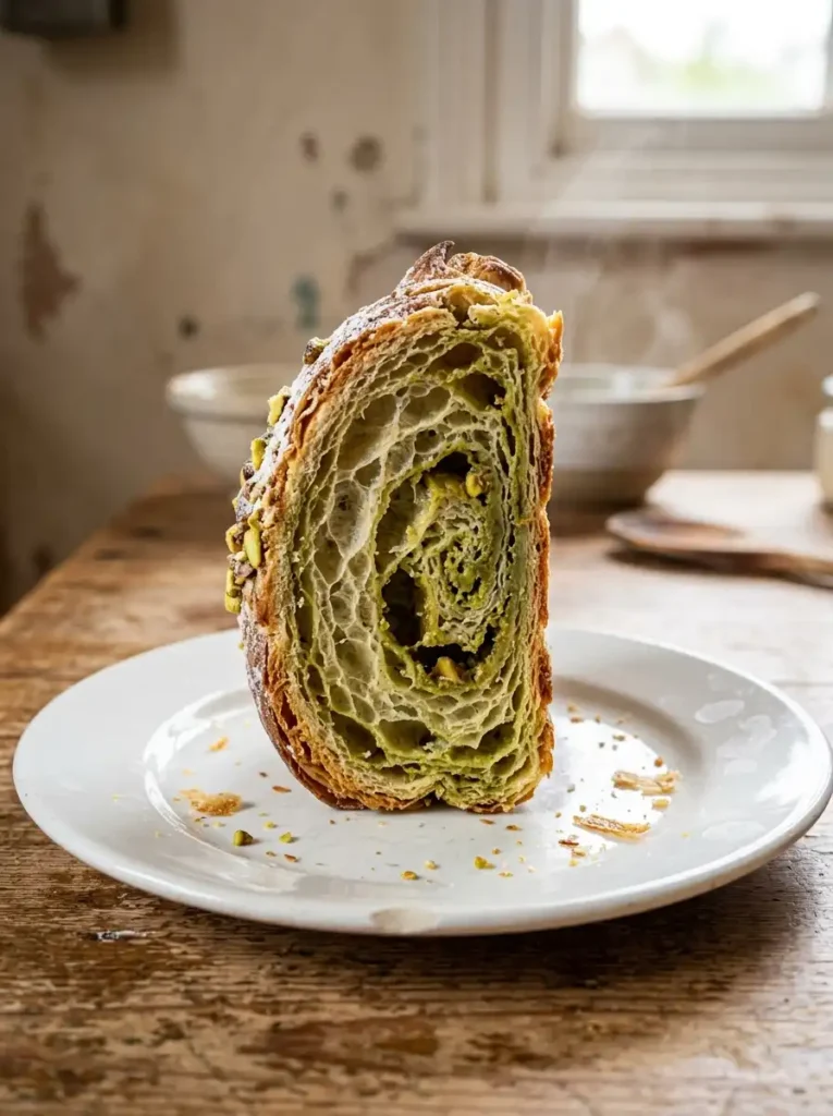 pistachio croissant cross section cut with serrated knife irregular honeycomb layers messy green swirl real crumbs