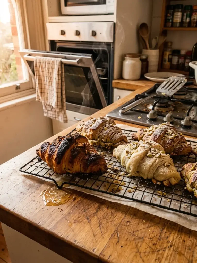 freshly baked pistachio croissants on wire rack real kitchen counter steam rising burnt edge honest home baking