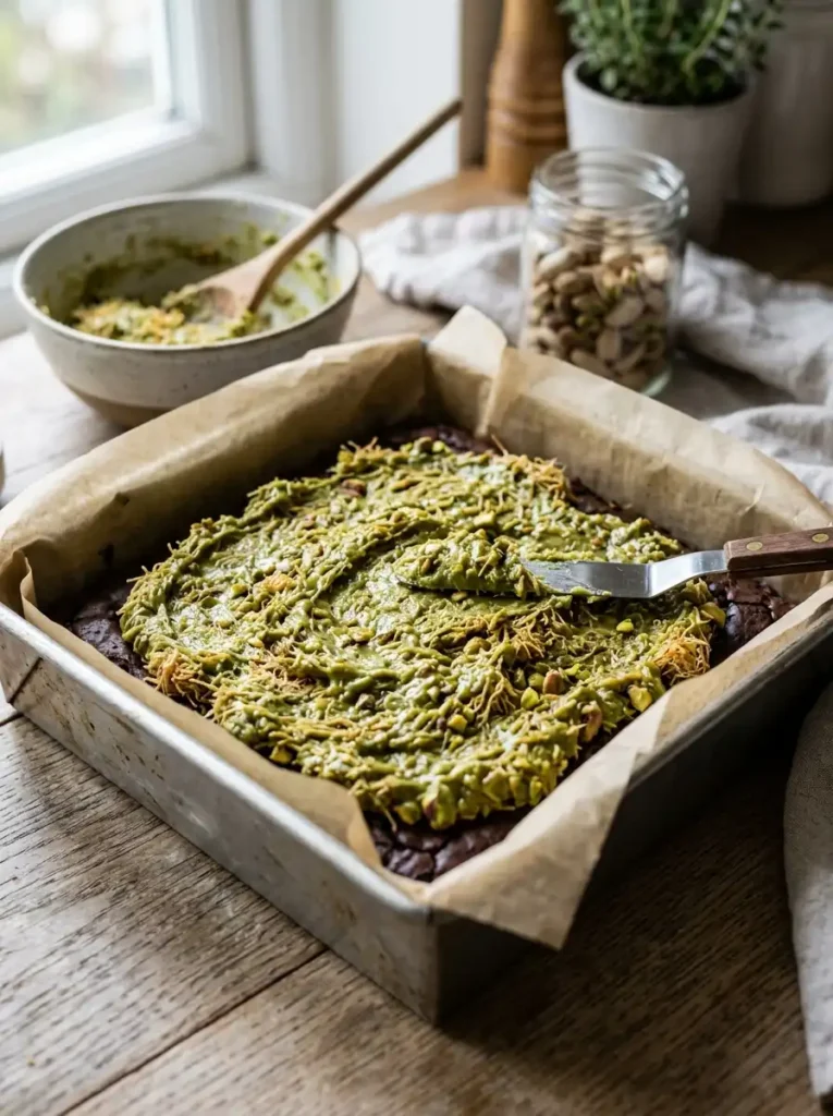 Pistachio kataifi filling spread over brownies