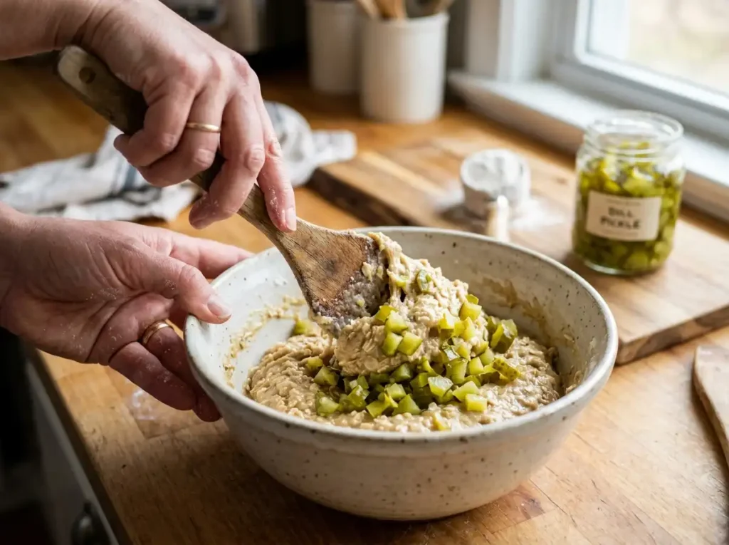 Folding chopped dill pickles into the cookie dough by hand.