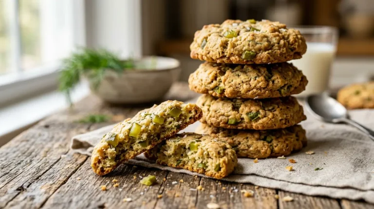 A close-up shot of a broken dill pickle cookie showing the green pickle pieces inside.