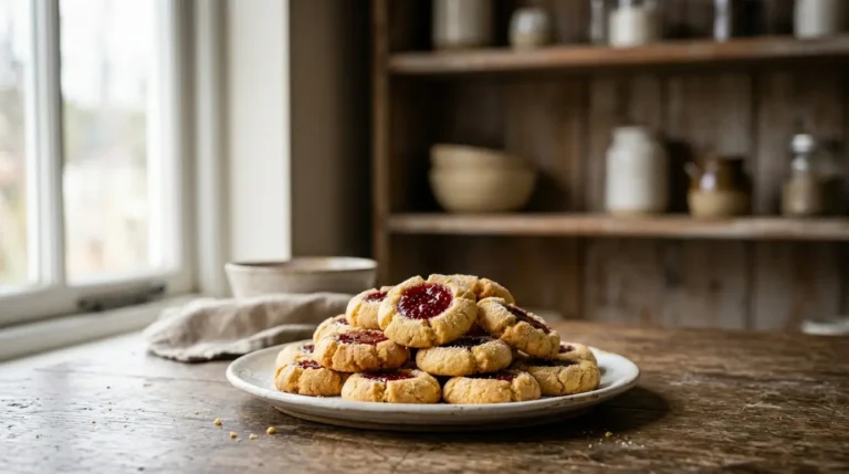 The best raspberry thumbprint cookies on a white plate with glossy jam centers.
