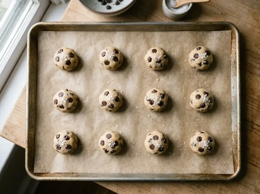 Raw Baileys chocolate chip cookie dough balls on parchment lined baking sheet ready to bake