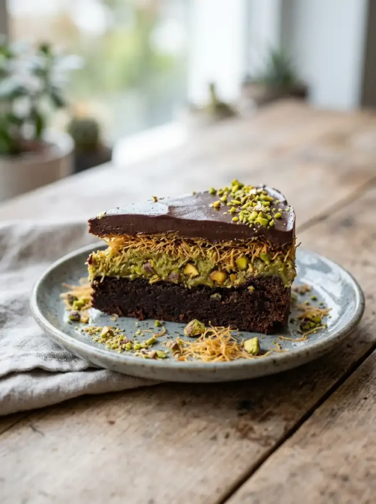 Sliced Dubai chocolate brownie showing pistachio kataifi layer
