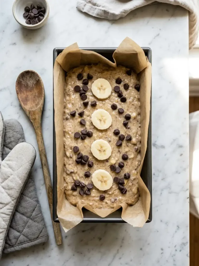 Sourdough banana bread batter in a loaf pan topped with banana slices ready to bake