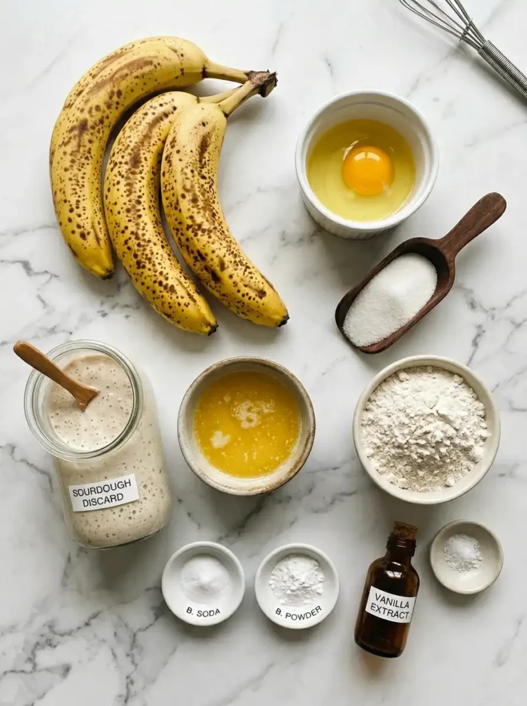 Sourdough banana bread ingredients flat lay with bananas, sourdough discard, flour, butter and eggs