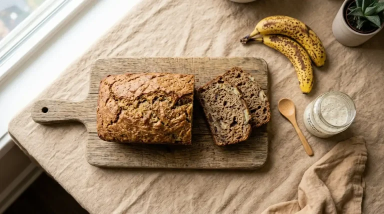 Freshly baked sourdough banana bread loaf sliced on a wooden board with ripe bananas and sourdough starter