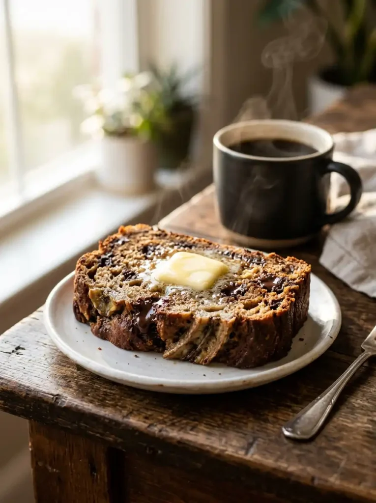 Sliced sourdough banana bread with melted butter and chocolate chips served with coffee