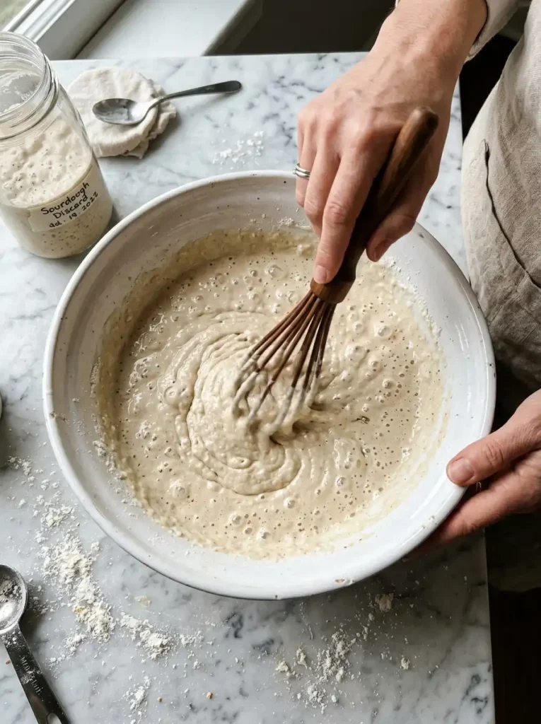 Whisking sourdough discard pancake batter in a white mixing bowl with bubbles forming from baking soda reaction