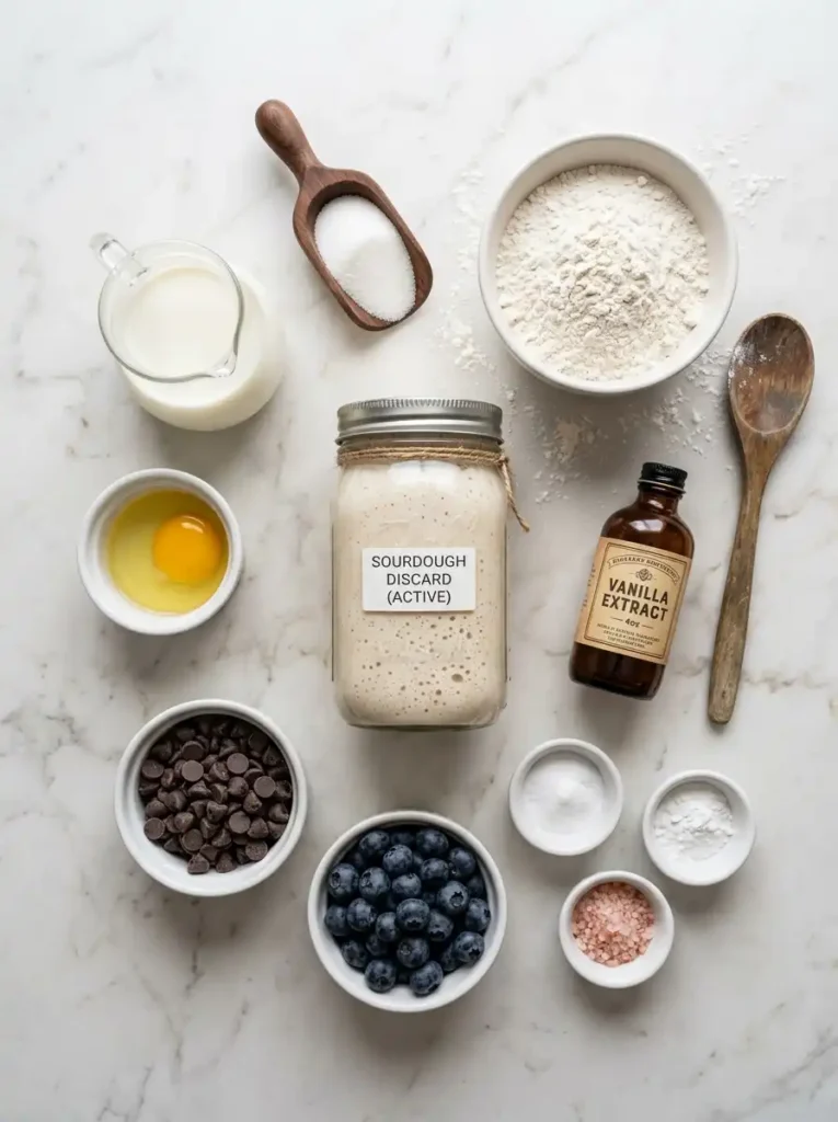 Sourdough discard pancake ingredients flat lay with milk, eggs, flour, sourdough starter, and optional add-ins