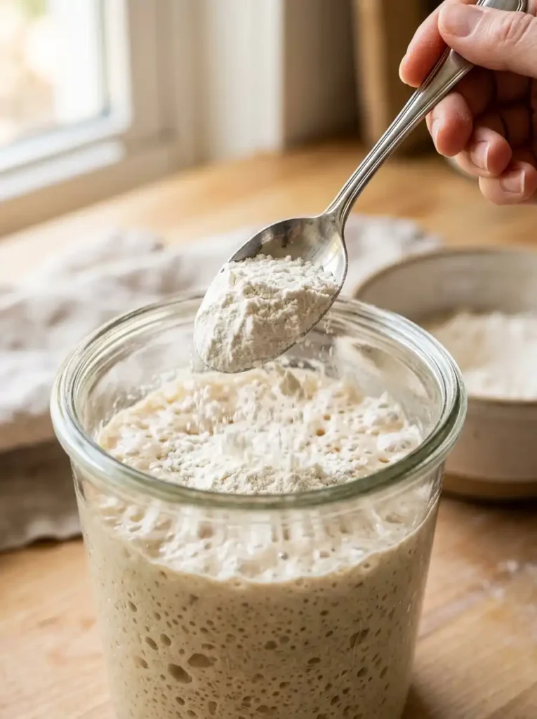 Feeding active sourdough starter with fresh flour in a glass jar