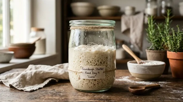 Active bubbly sourdough starter in a glass jar on a kitchen counter