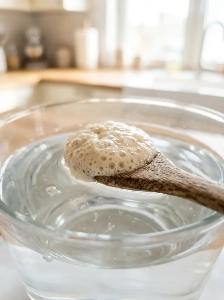 Sourdough starter float test in a glass of water to check activity