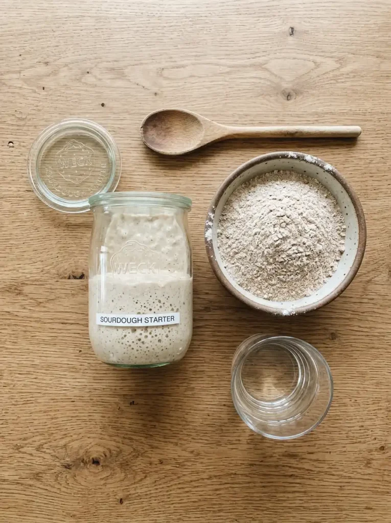 Ingredients for homemade sourdough starter: flour, water, jar, and wooden spoon, How to make sourdough starter step by step