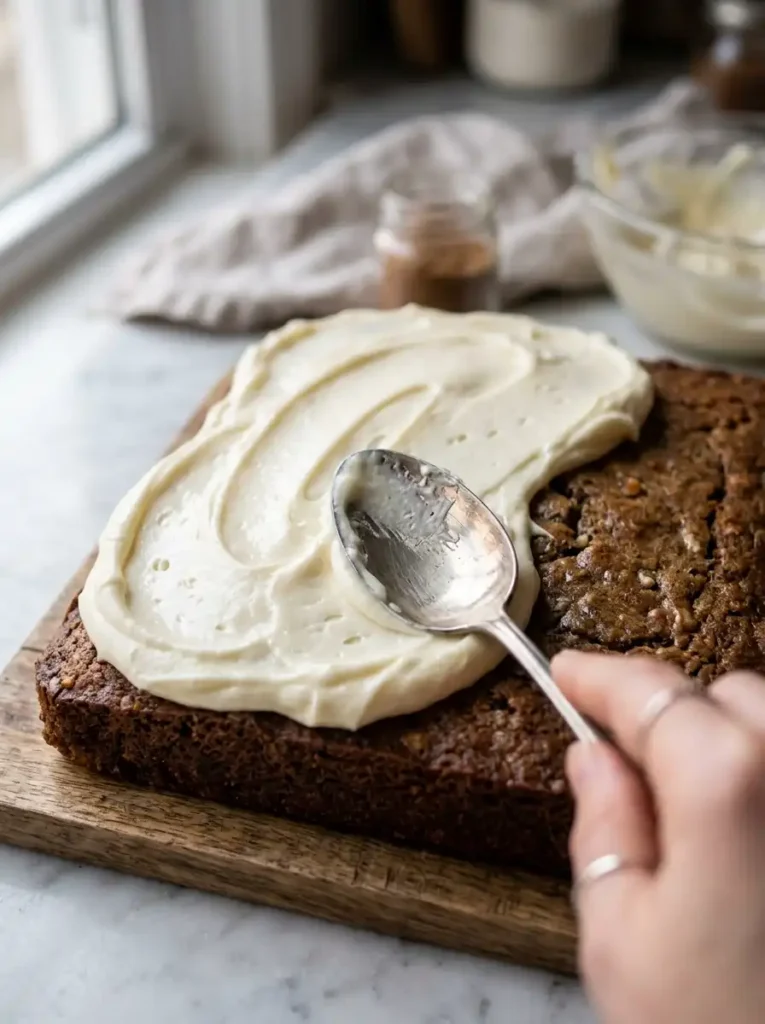Spreading a thick layer of white cream cheese frosting on top of the banana cake.