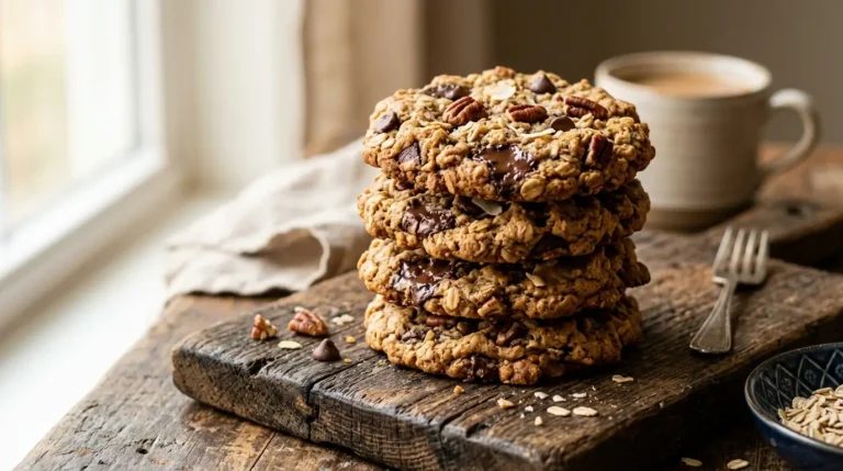 The best thick and chewy cowboy cookies stacked on a wooden board