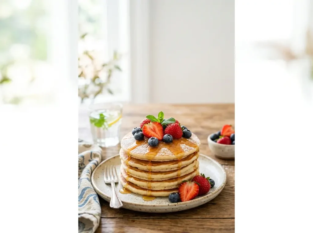 Vertical Pinterest-style image of fruit-topped vegan gluten free pancakes.