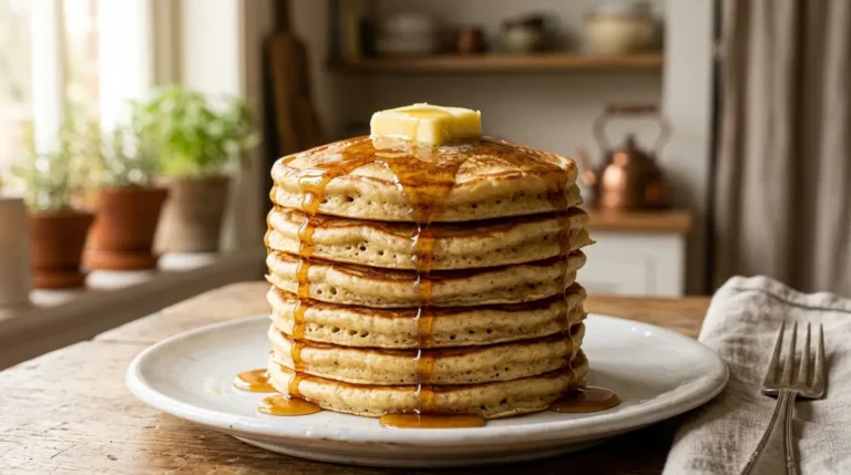 Tall stack of fluffy gluten free pancakes with melting butter and maple syrup dripping.