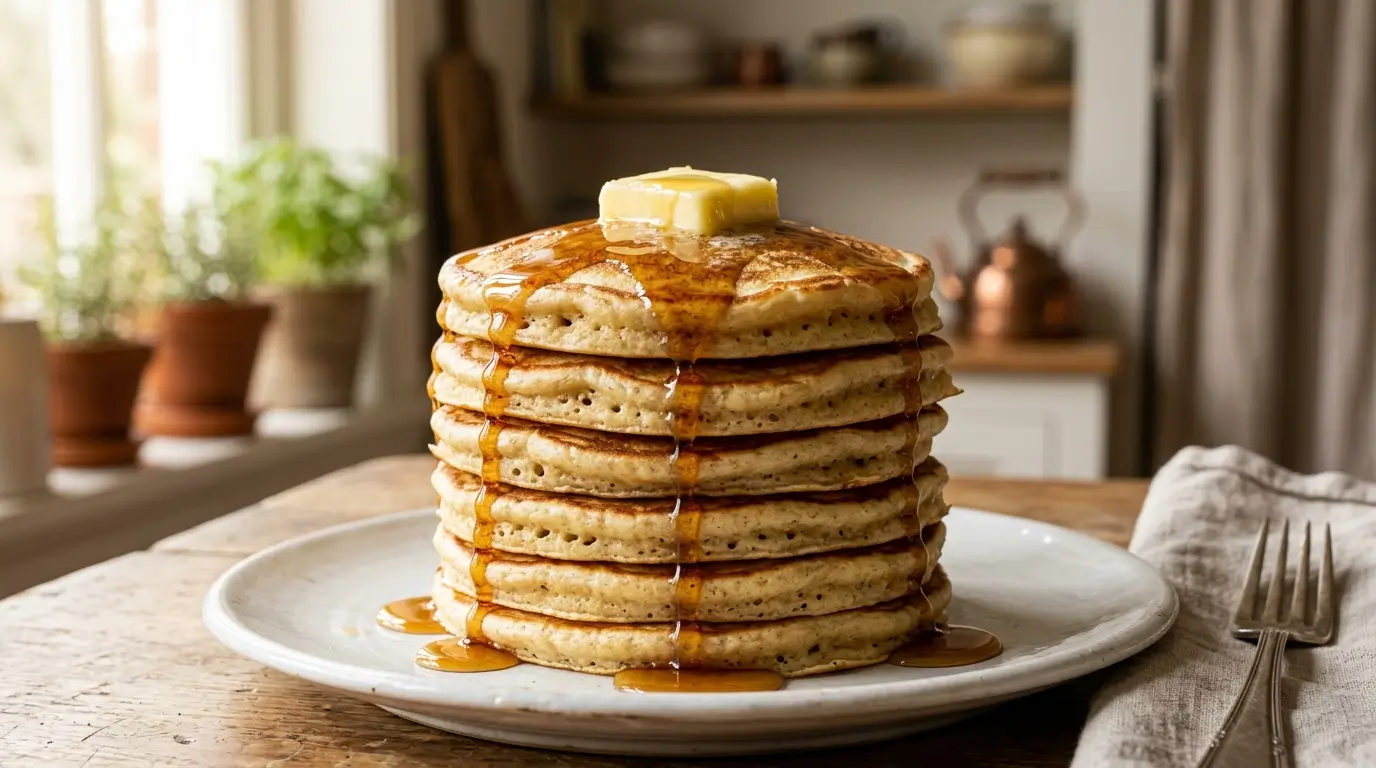 Tall stack of fluffy gluten free pancakes with melting butter and maple syrup dripping.