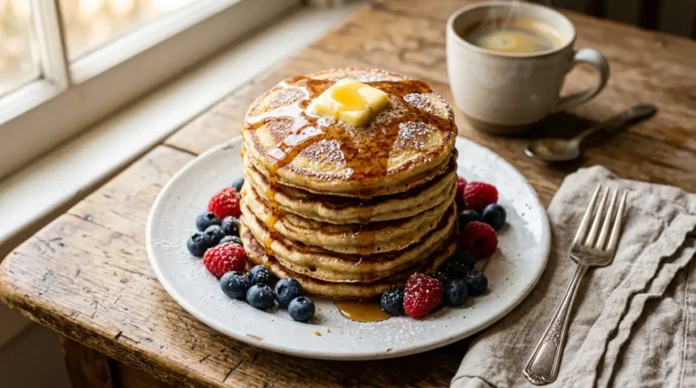 Tall stack of fluffy sourdough discard pancakes topped with butter, maple syrup, and fresh berries on a white plate