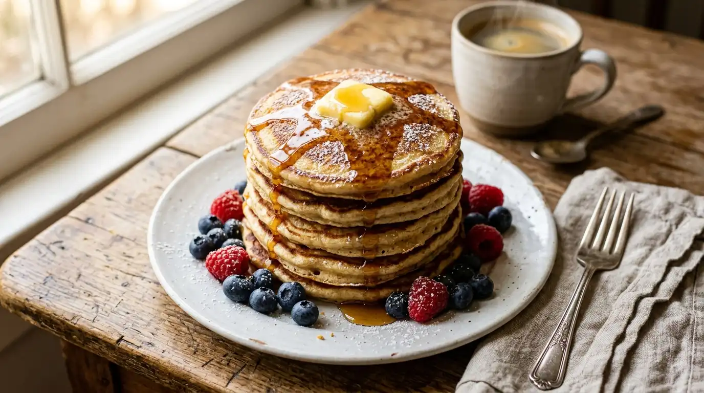 Tall stack of fluffy sourdough discard pancakes topped with butter, maple syrup, and fresh berries on a white plate