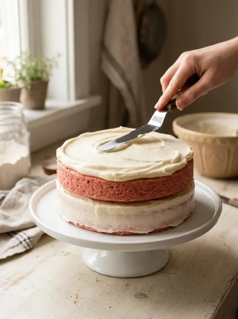 Frosting a strawberry crunch cake with cream cheese frosting