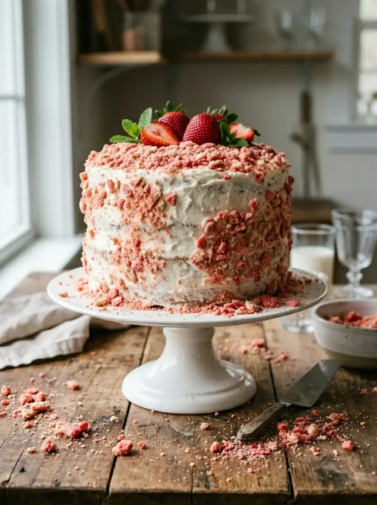Adding strawberry crunch topping to cake