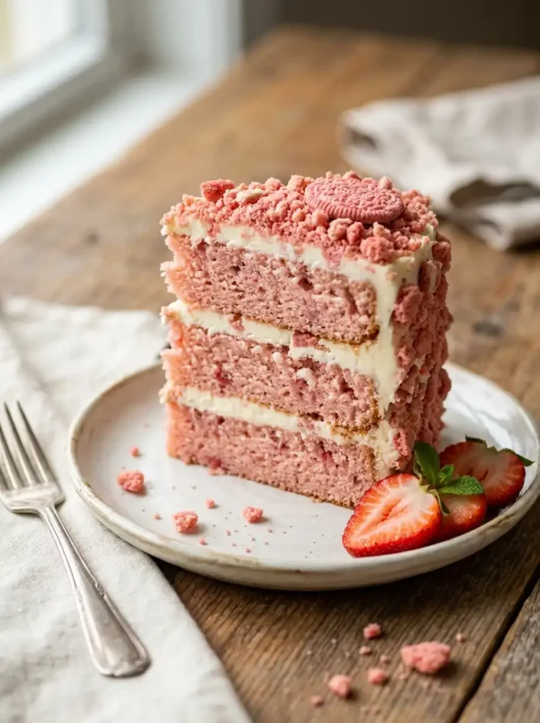 Slice of strawberry crunch cake showing creamy layers