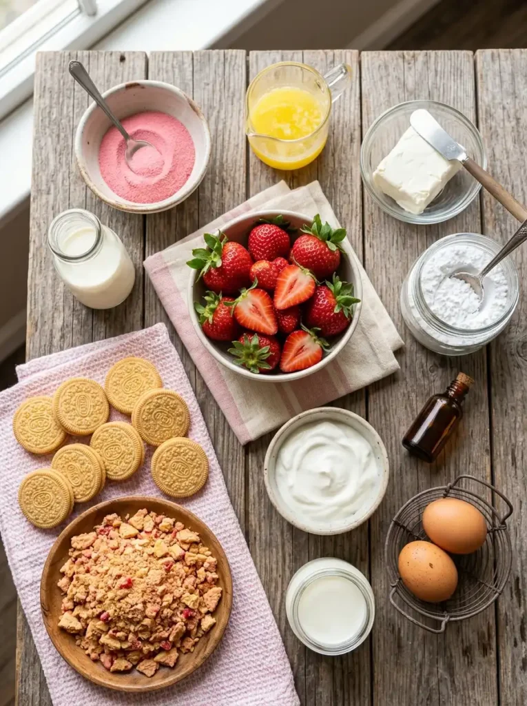 Ingredients for strawberry crunch cake