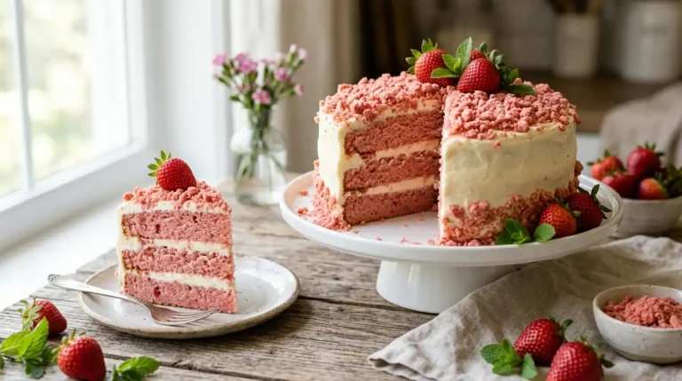 Strawberry crunch cake with Golden Oreo topping