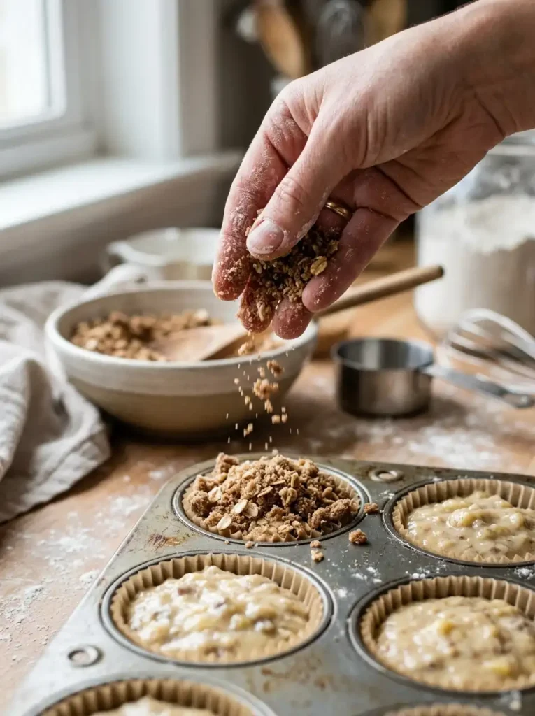 Sprinkling streusel topping on muffin batter