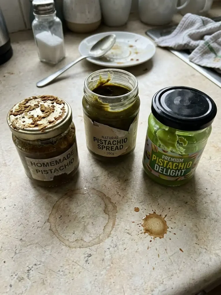 three pistachio paste jars comparison dull brown natural green bright artificial on stained kitchen counter real