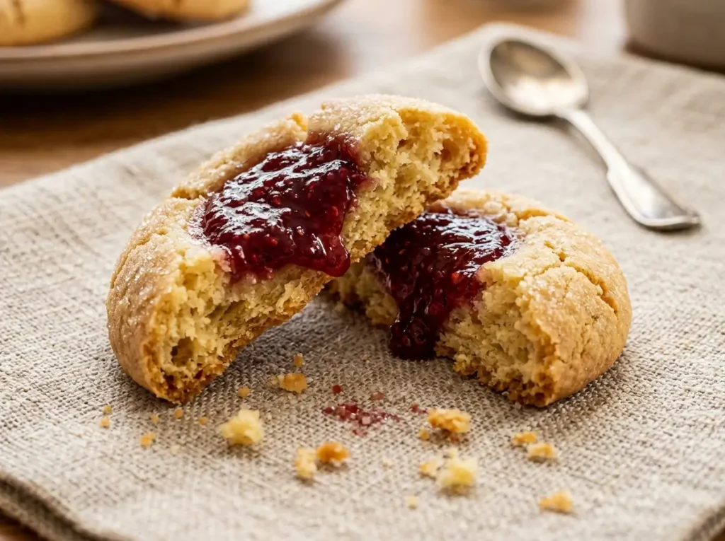 Close-up of a broken raspberry jam cookie showing the soft buttery texture and thick filling.