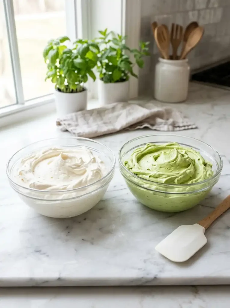 double matcha method two tone mascarpone cream bowls green and white side by side