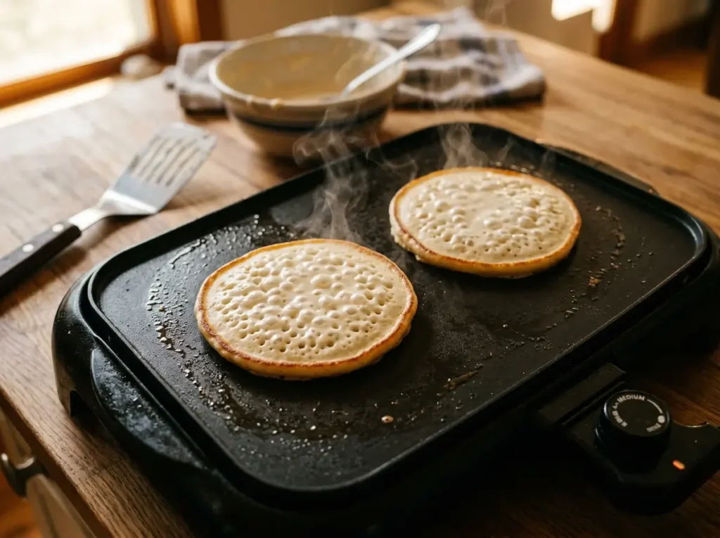 Gluten free pancakes cooking on a griddle with bubbles forming on the surface.