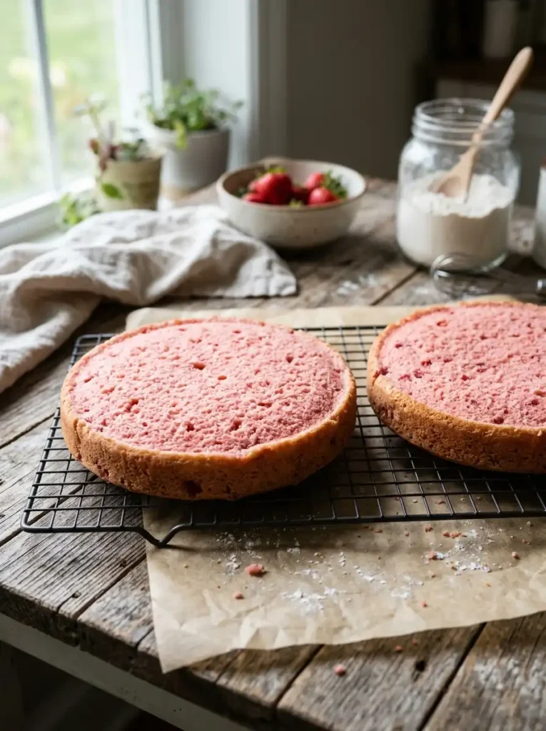Baked strawberry cake layers for strawberry crunch cake