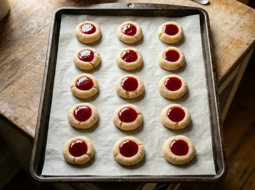 Unbaked jelly cookies filled with raspberry jam on a baking sheet with parchment paper.