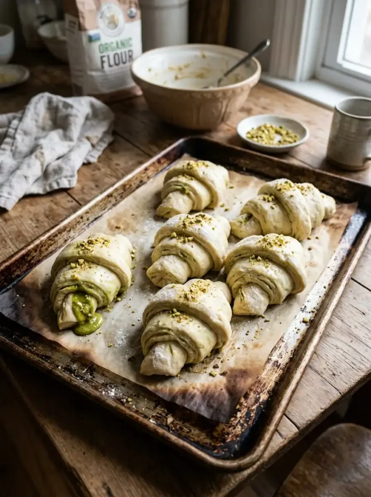 proofed homemade pistachio croissants on old greasy baking sheet wrinkled parchment uneven shapes raw dough