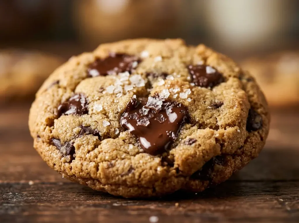 Close-up of a warm vegan chocolate chip cookie with sea salt