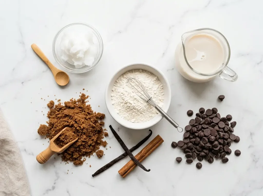 Essential ingredients for vegan cookie recipes including coconut oil and chocolate chips