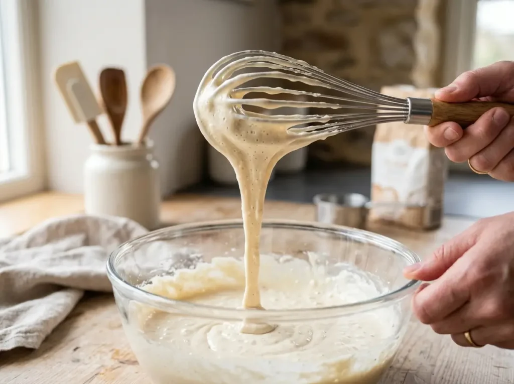 Smooth and creamy batter for fluffy gluten free pancakes showing perfect consistency.
